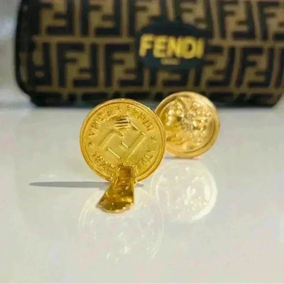 Vintage FENDI GOLD EARRINGS Janus Coin Round Earrings Gold Neoclassical - Picture 3 of 5
